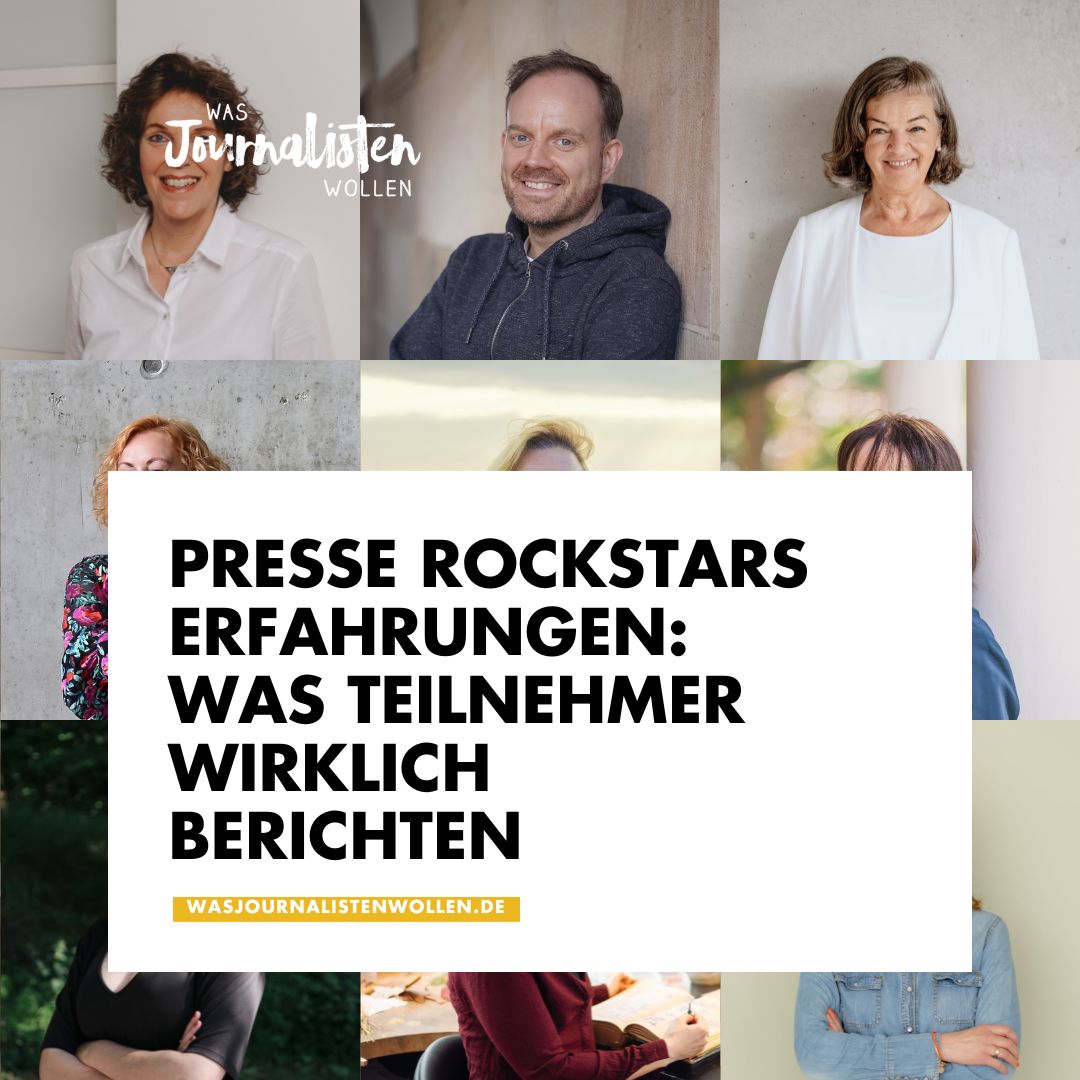 presse rockstars erfahrungen: Collage von Teilnehmenden vor neutralen Hintergründen mit großem Titeltext "Presse Rockstars Erfahrungen – was Teilnehmer wirklich berichten"